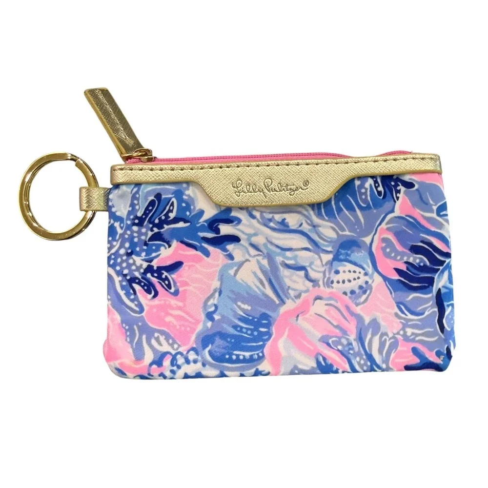 Lilly Pulitzer Keychain ID Wallet Coin Purse Card Holder Pink Blue Floral Gold